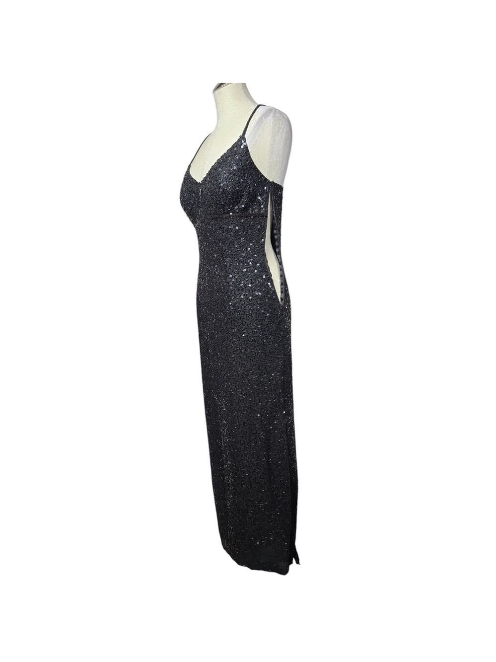 Scala Black Sequin Beaded V Neck Maxi Front Zip Vintage Silk Slit Maxi Dress M - Picture 5 of 12
